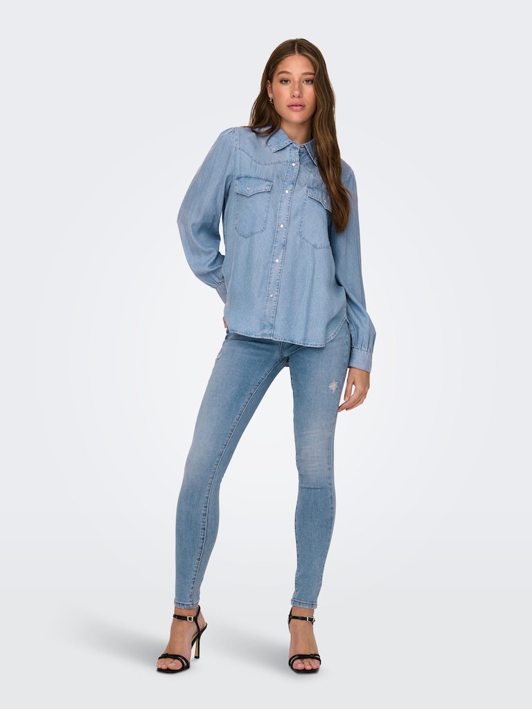 Ladies Hyacinth Long Sleeve Denim Shirt-Light Blue Denim-Model Full Front View