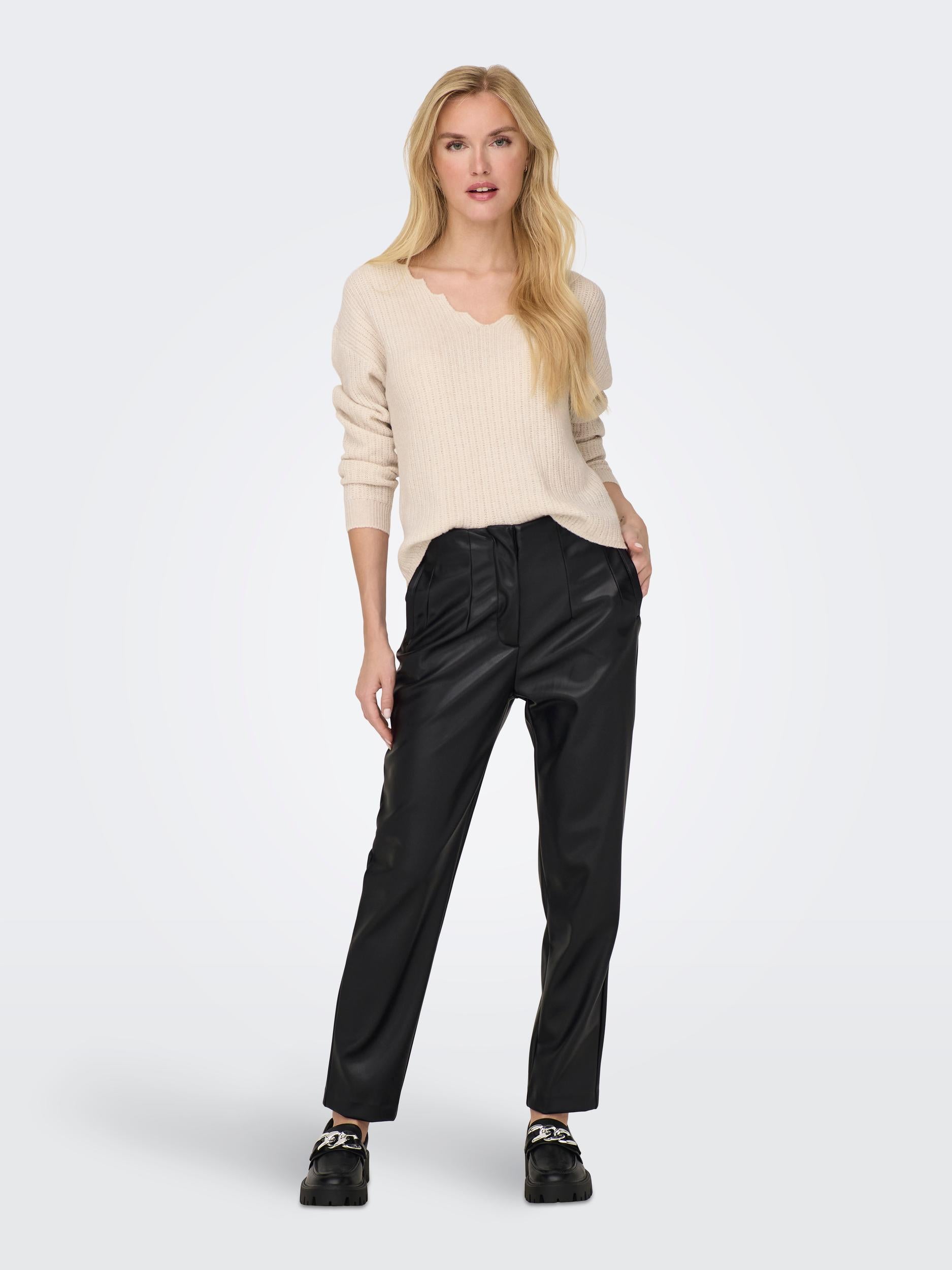 Ladies Raven Idina High Waist Faux Leather Pant-Black-Model Full Front View