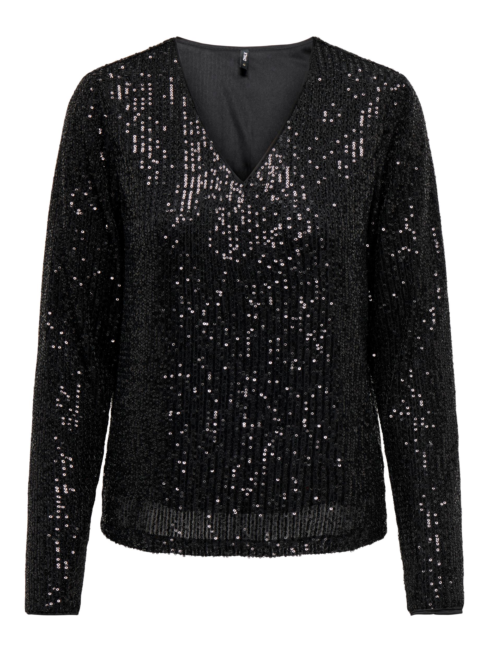 Ladies Sequins Long Sleeve V-Neck Top-Black-Front View