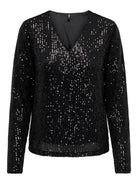 Front view of the black sequin long sleeve V-neck top
