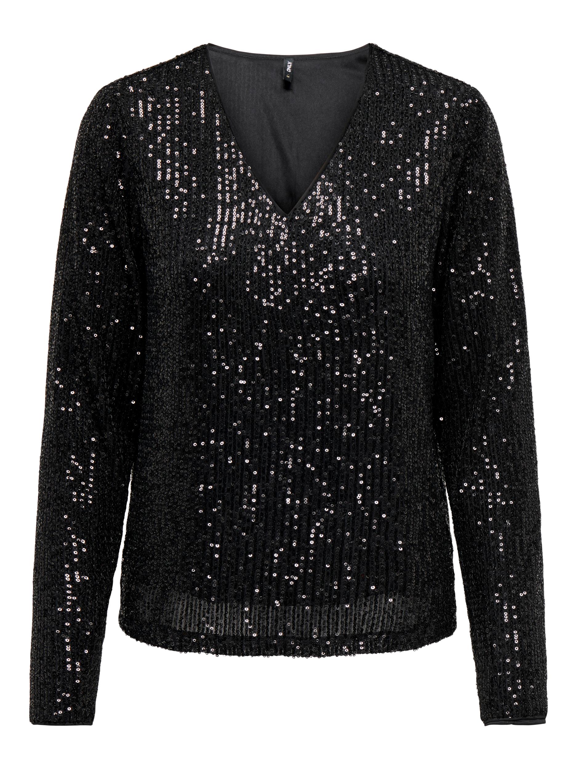 Front view of the black sequin long sleeve V-neck top
