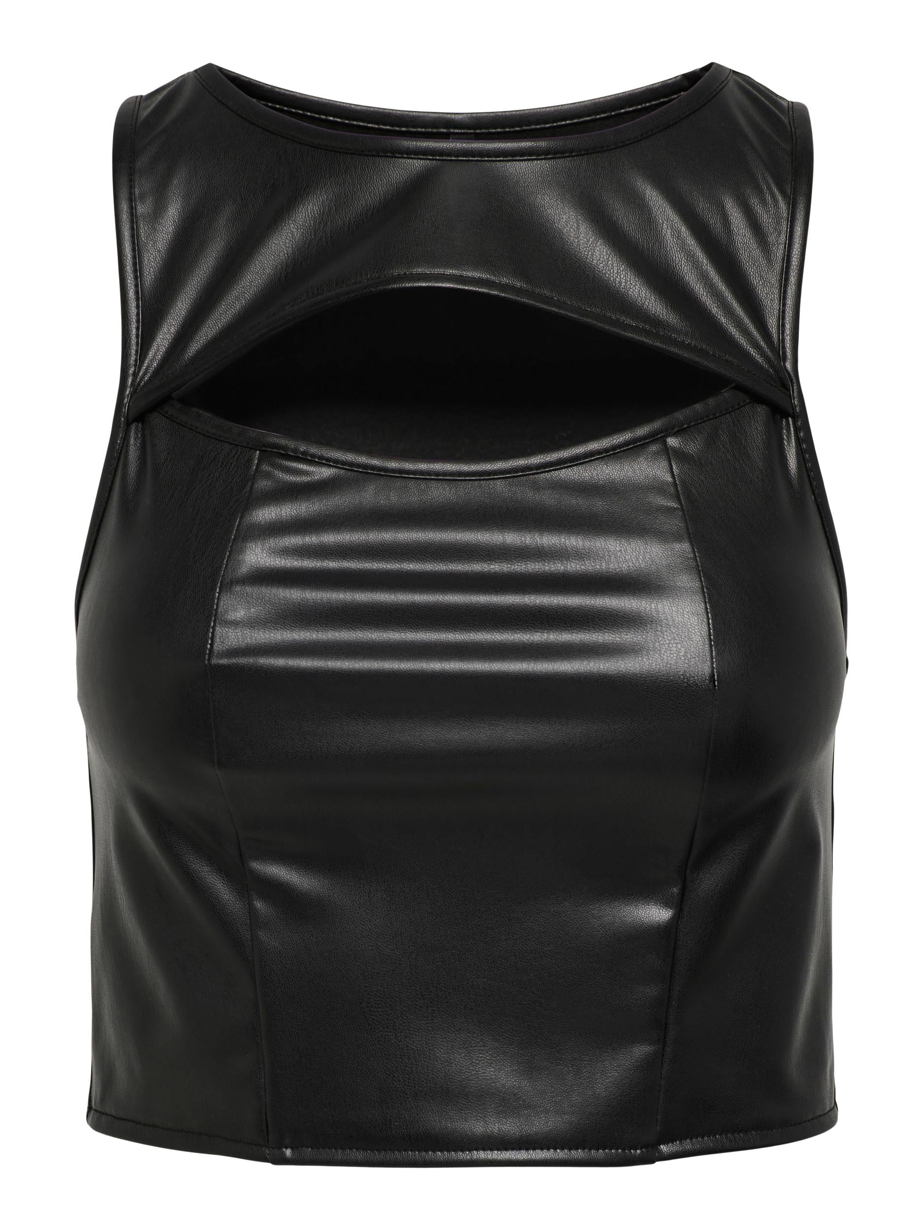 Ladies Dorit Faux Leather Cropped Top-Black-Front View