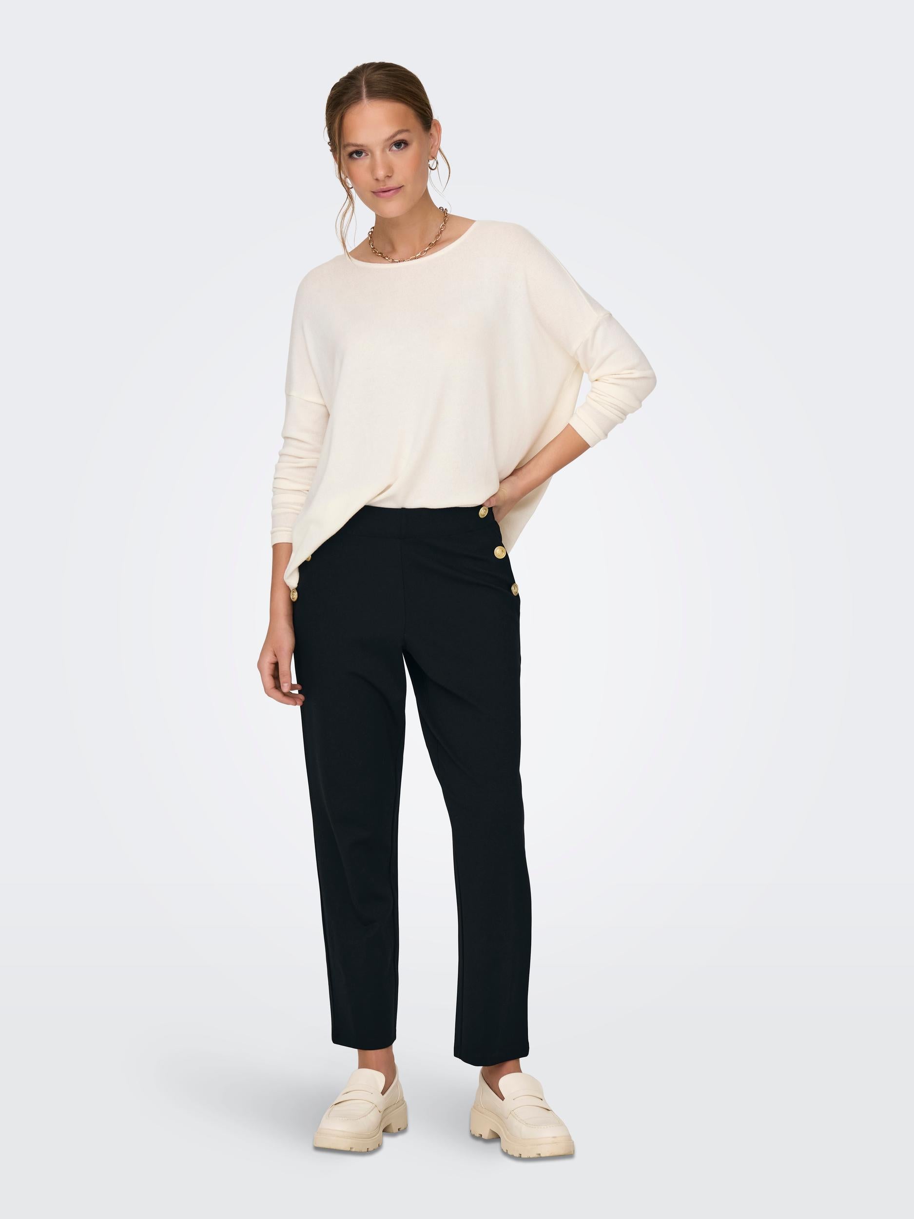 Ladies Cally Button Ancle Pant-Black-Model Full Front View
