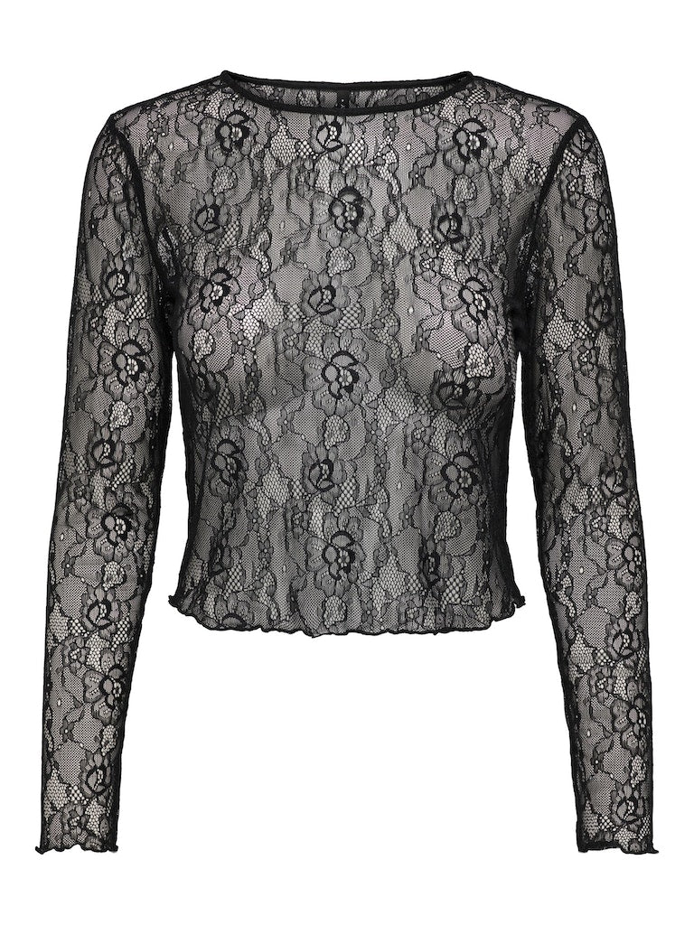 Ladies Mille Long Sleevev Lace Top-Black-Front View