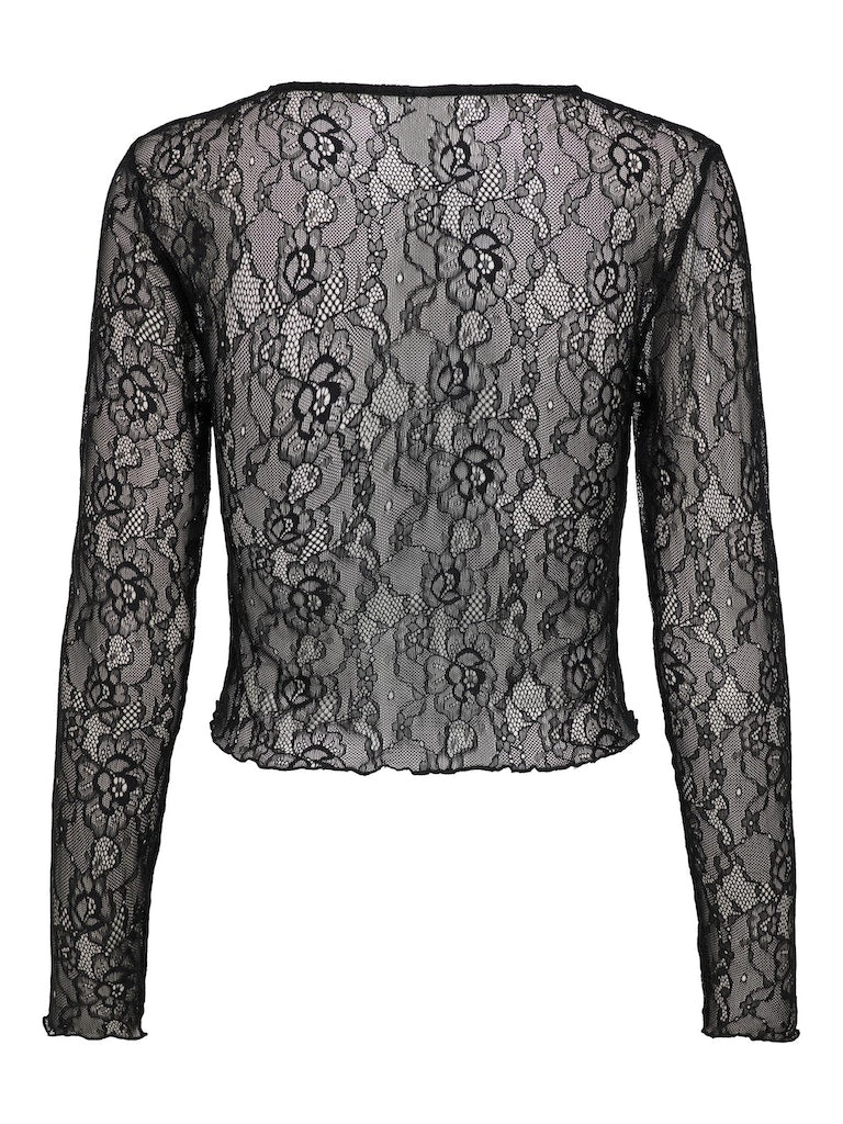 Ladies Mille Long Sleevev Lace Top-Black-Back View