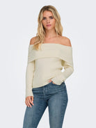 Ladies Katia Long Sleeve Off Shoulder Knit - Whitecap Gray Melange-Model Front View