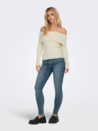 Ladies Katia Long Sleeve Off Shoulder Knit - Whitecap Gray Melange-Model Full Front View