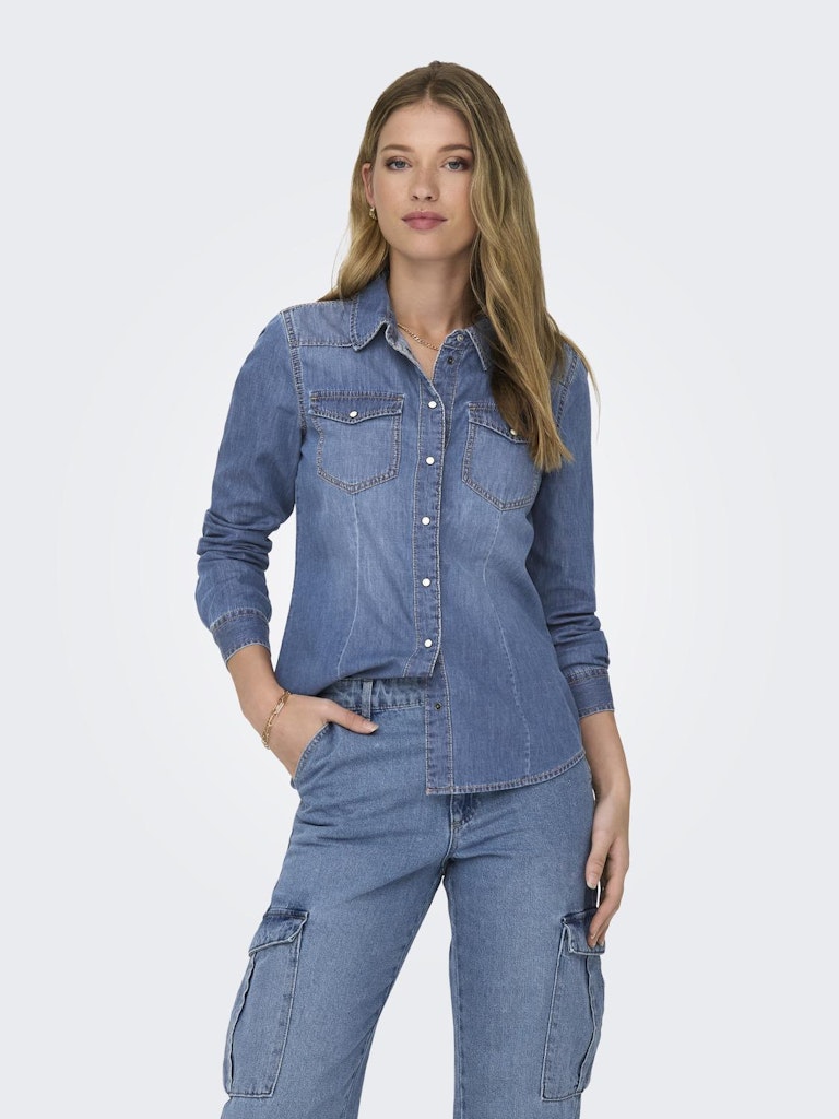 Ladies Alexa Long Sleeve Denim Shirt-Model Front View