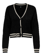 ONLY Varsity Long Sleeve V-Neck Knit Cardigan Black front view