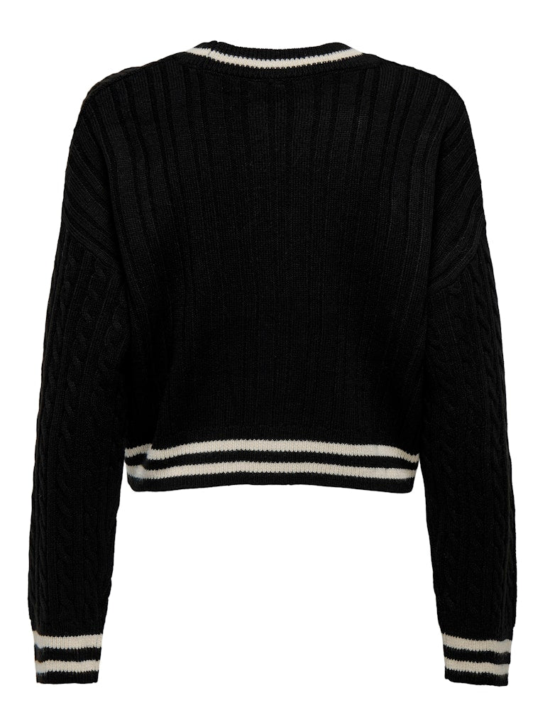 ONLY Varsity Long Sleeve V-Neck Knit Cardigan Black model front view