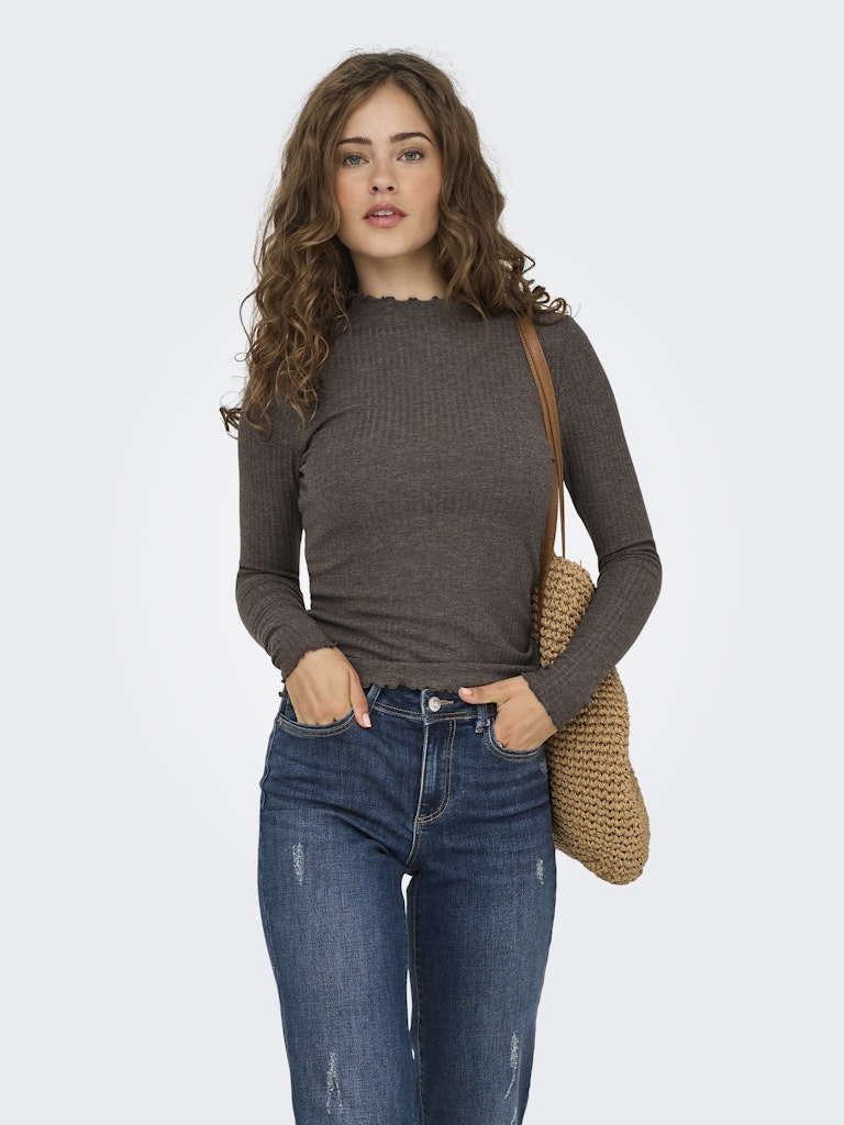 Ladies Emma Long Sleeve High Neck Top - Brown-Closer View of the Front