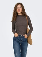 ONLY Emma Long Sleeve High Neck Top - Brown Brown model front view