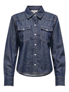 ONLY Charlize Long Sleeve Denim Shirt - Blue Dark Blue Denim back view