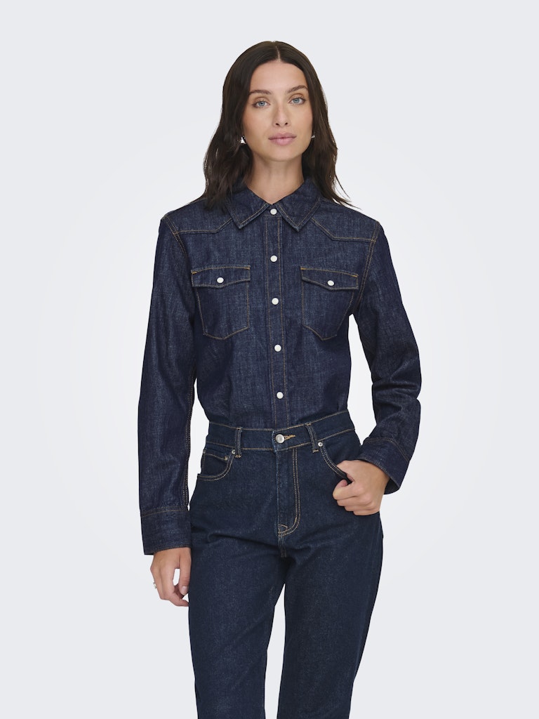 Ladies Charlize Long Sleeve Denim Shirt - Blue-Model Front View