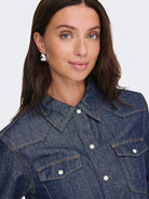 ONLY Charlize Long Sleeve Denim Shirt - Blue Dark Blue Denim model front view