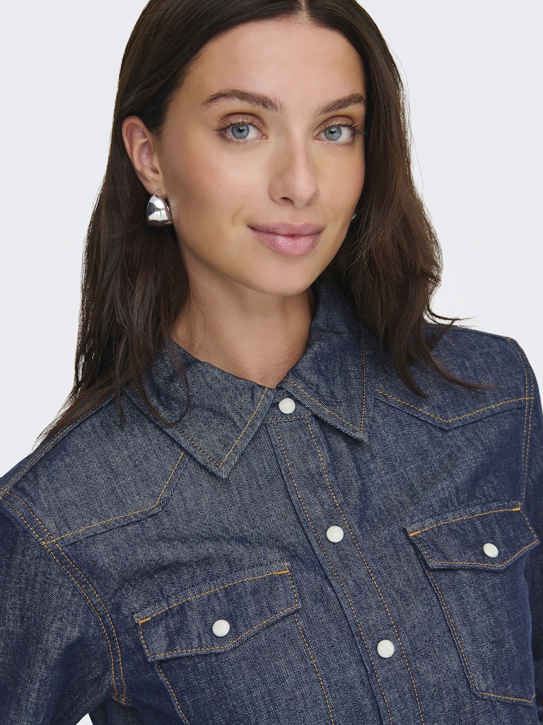 ONLY Charlize Long Sleeve Denim Shirt - Blue Dark Blue Denim model front view