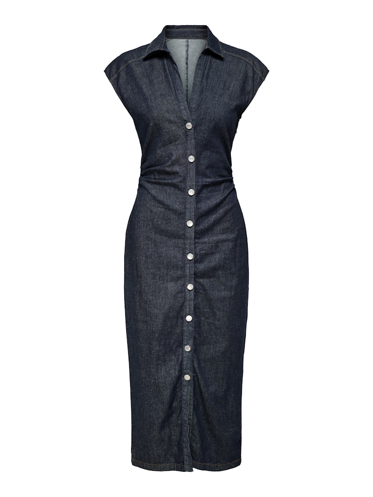 Ladies Babe Cap Sleeve Midi Denim Rinse Dress-Front View