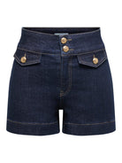 Front view of women's dark blue high waist denim shorts