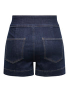 Back view of Emilia gold button denim shorts