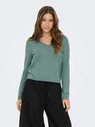 Ladies Loyal Long Sleeve V-Neck Pullover Knit - Chinois Green Melange-Model Front View