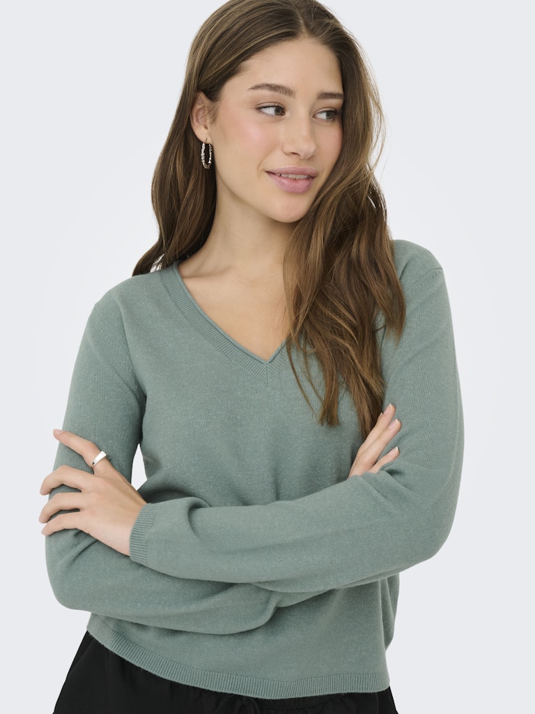 Ladies Loyal Long Sleeve V-Neck Pullover Knit - Chinois Green Melange-Closer View of the Front