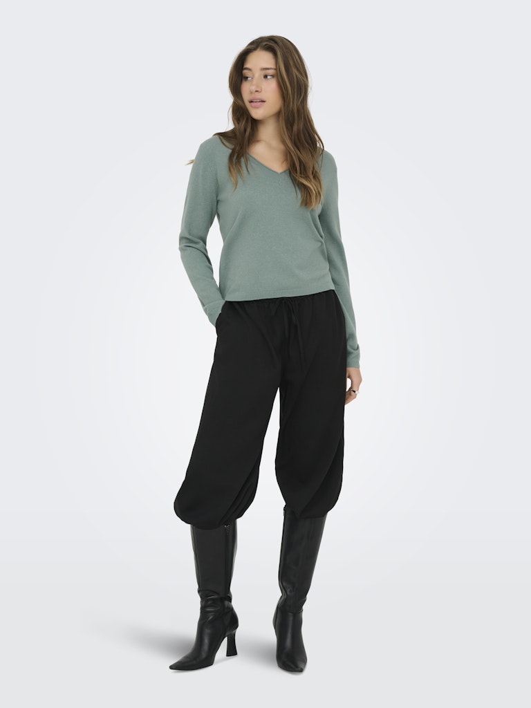 Ladies Loyal Long Sleeve V-Neck Pullover Knit - Chinois Green Melange-Momdel Full Front View