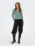 Ladies Loyal Long Sleeve V-Neck Pullover Knit - Chinois Green Melange-Momdel Full Front View