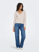 ONLY Loyal Long Sleeve V-Neck Pullover Knit - Moonbeam Melange Moonbeam Melange model front view