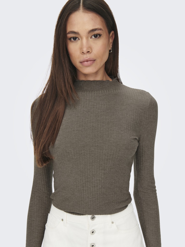 Ladies Emma Long Sleeve High Neck Top - Light Brown-Closer View of the Front