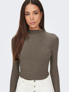 ONLY Emma Long Sleeve High Neck Top - Light Brown Light Brown model front view