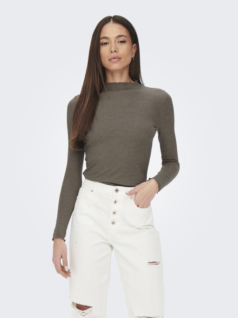 Ladies Emma Long Sleeve High Neck Top - Light Brown-Front View of Model
