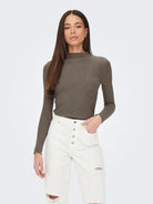 ONLY Emma Long Sleeve High Neck Top - Light Brown Light Brown front view