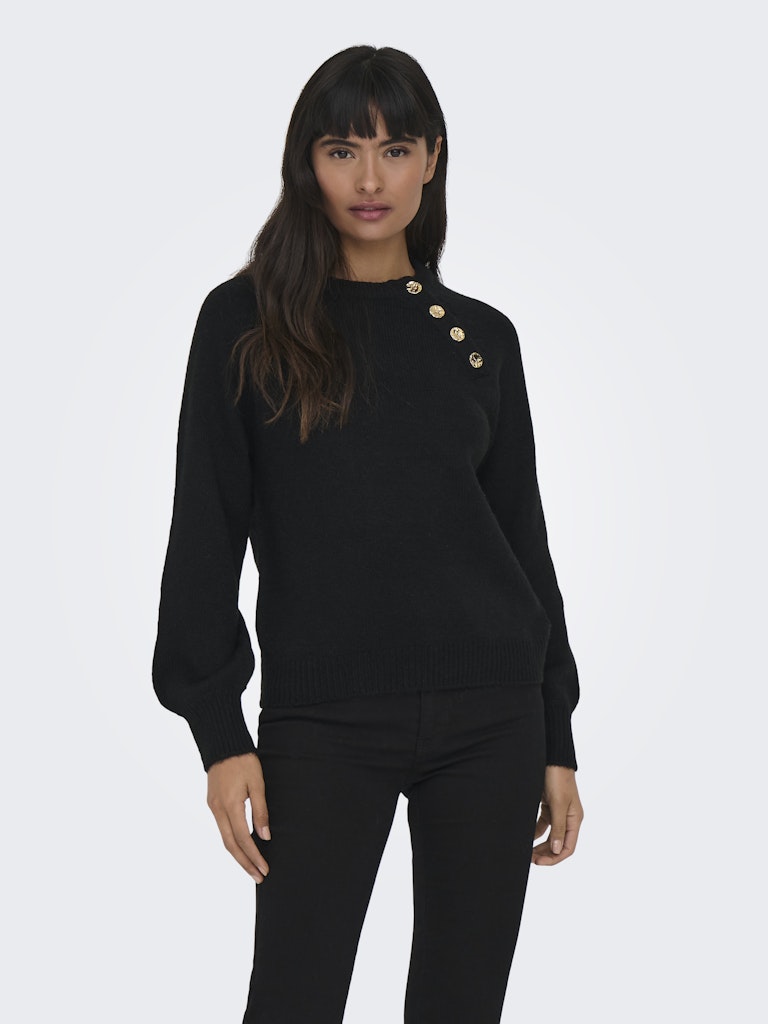 Ladies Emma Life Long Sleeve Button Detail Knit - Black-Model Front View