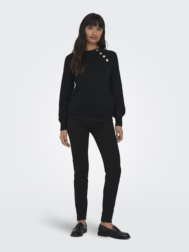Ladies Emma Life Long Sleeve Button Detail Knit - Black-Model Front View