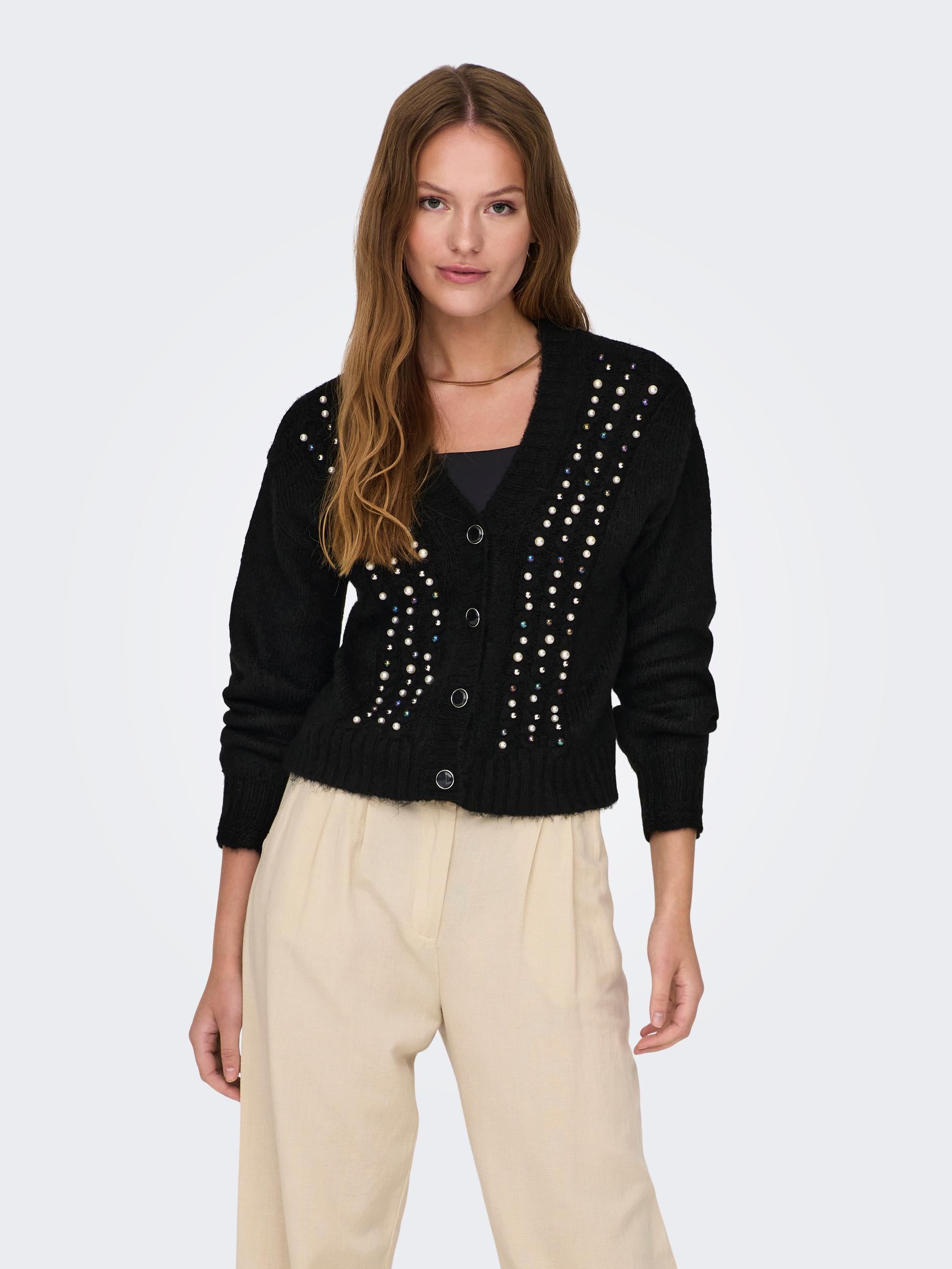 Ladies Marian Long Sleeve Cardigan Knit-Black-Model Front View