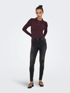 ONLY Elisa Long Sleeve Rib Polo Knit - Purple Purple model front view
