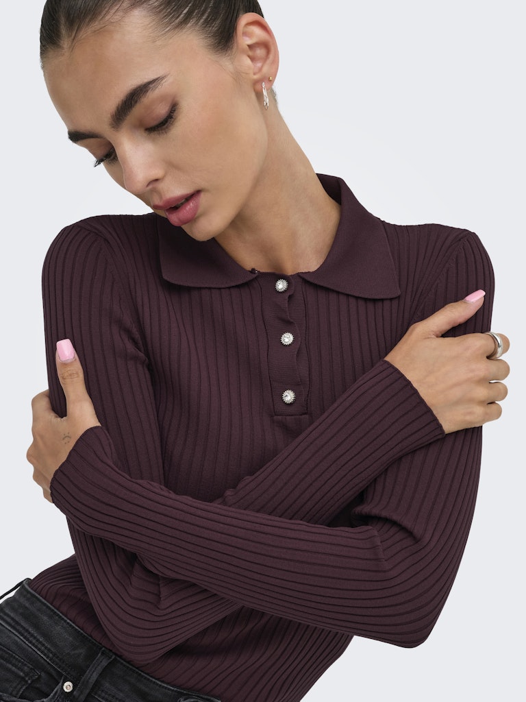 Ladies Elisa Long Sleeve Rib Polo Knit - Purple-Closer View of Design
