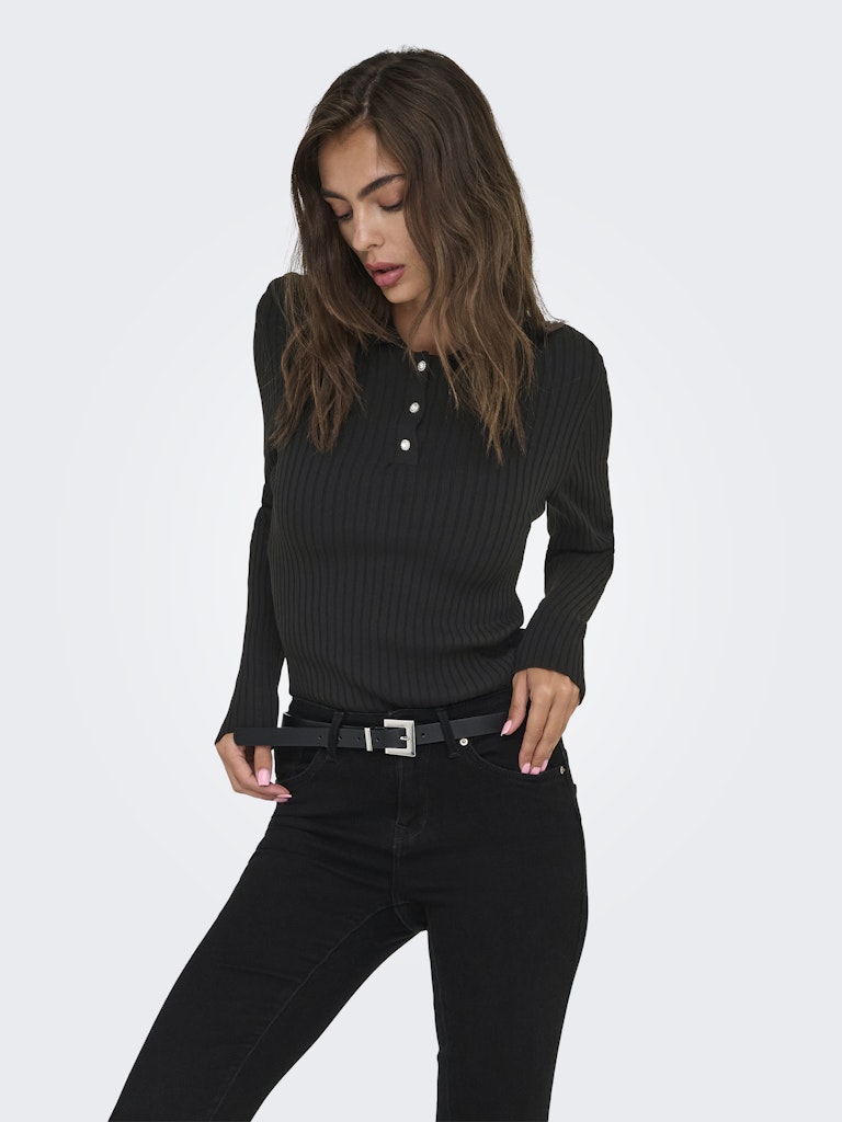 ONLY Elisa Long Sleeve Rib Polo Knit - Black BLACK front view