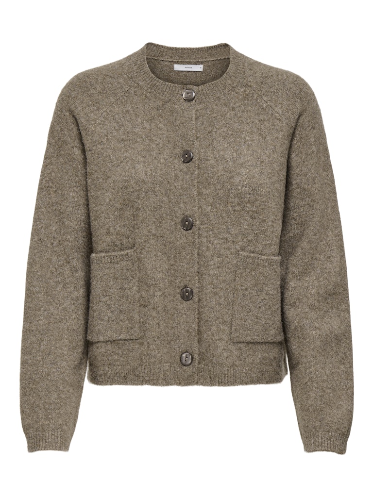 Brown knitted cardigan with buttons on a white background