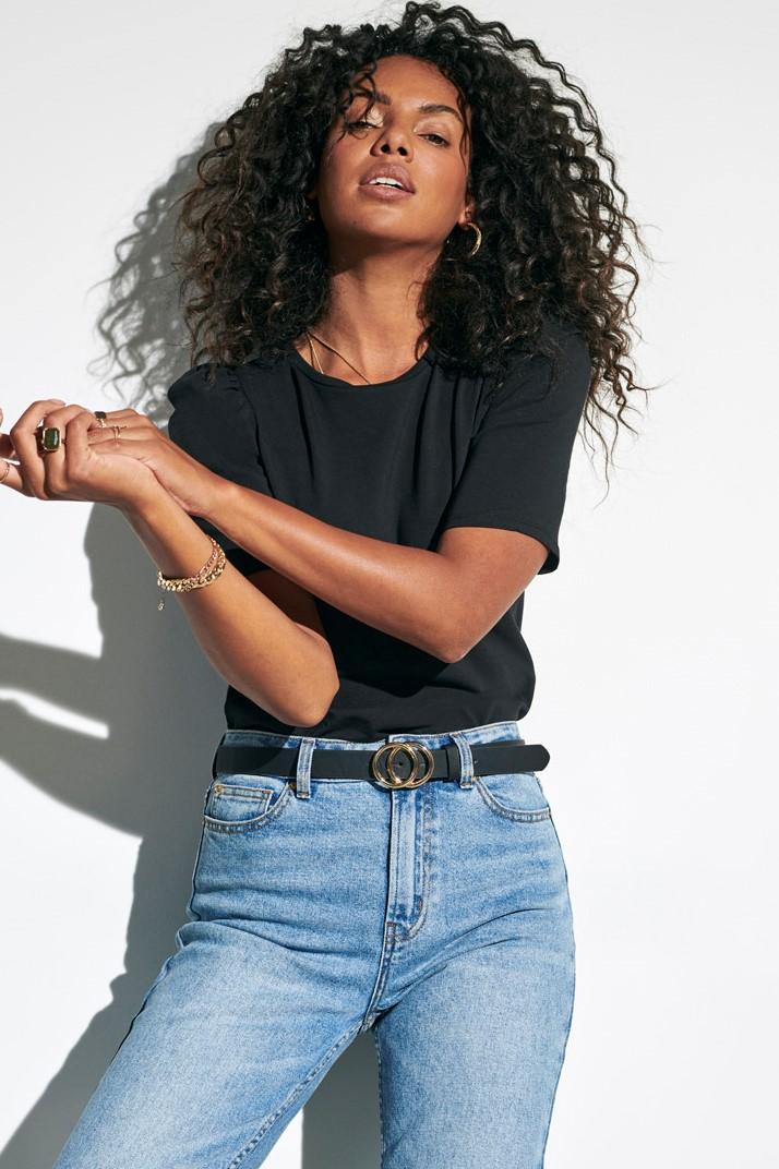 Ladies Rasmi Faux Leather Black Jeans Belt-Black/Gold-Model Front View