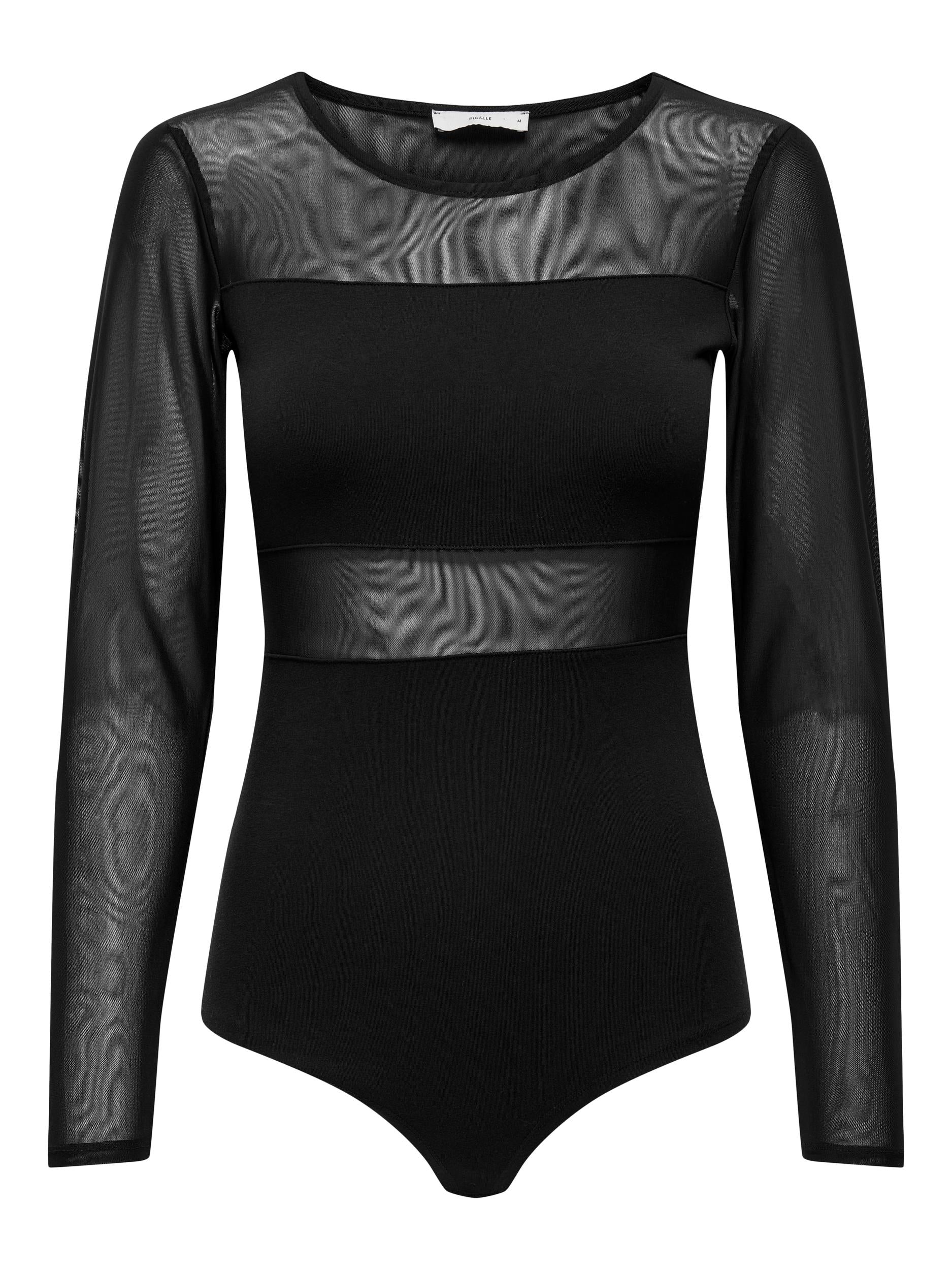 Ladies Esther Long Sleeve Mesh Bodystocking-Black-Front View