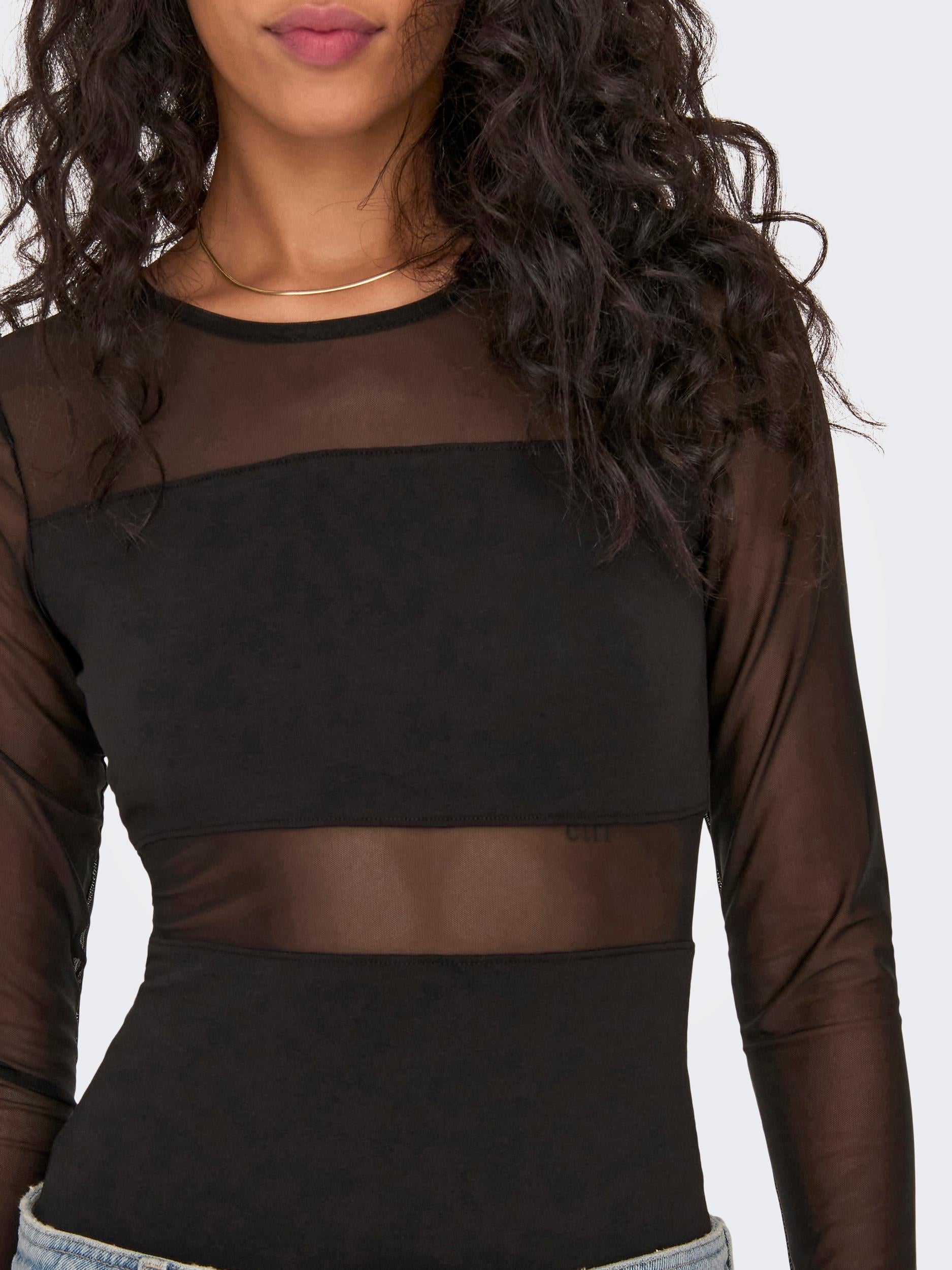 Ladies Esther Long Sleeve Mesh Bodystocking-Black-Close Up View of Front