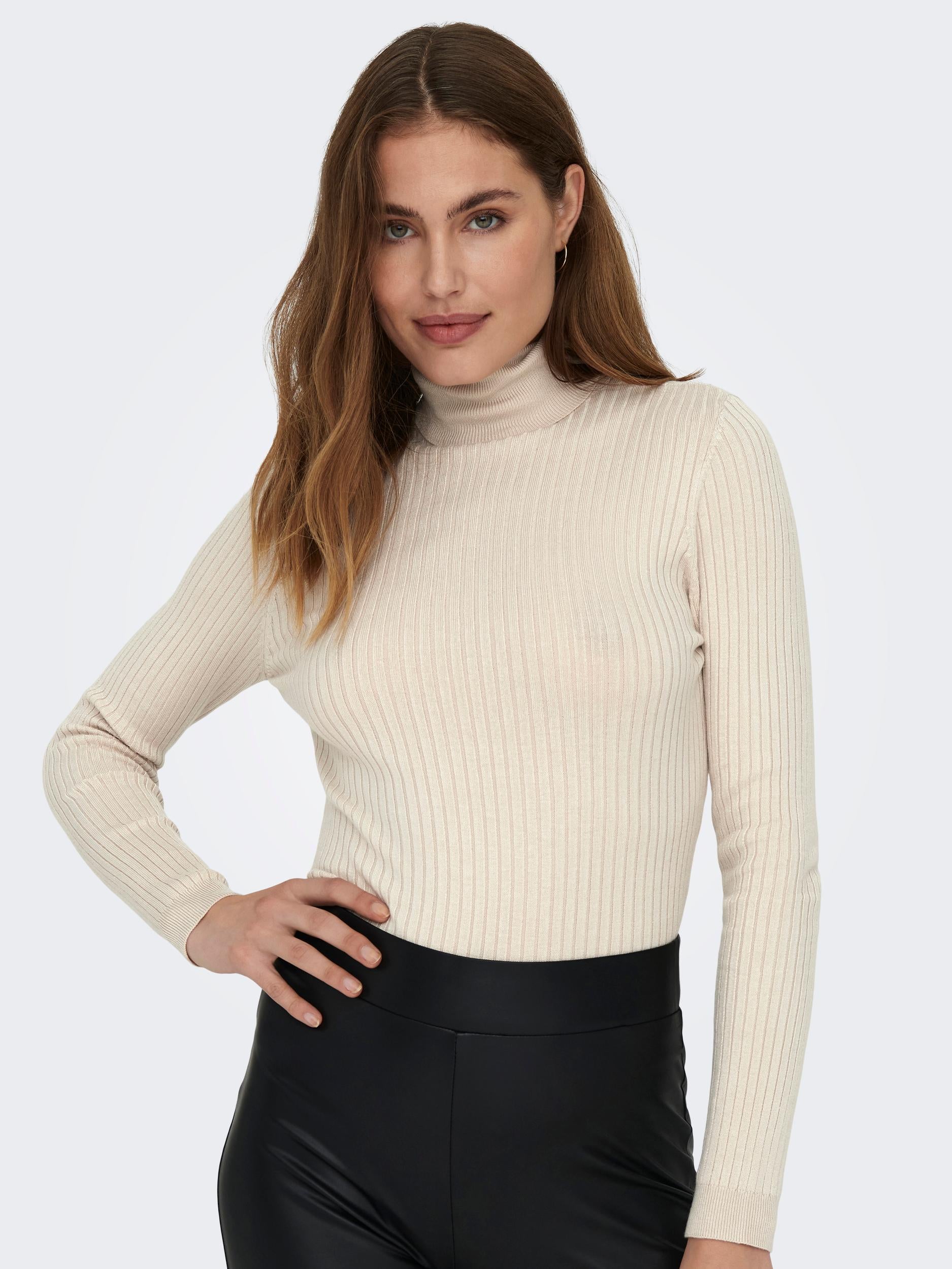 Ladies Karol Long Sleeve Rollneck Pullover Knit-Pumice Stone-Close Up of Front View