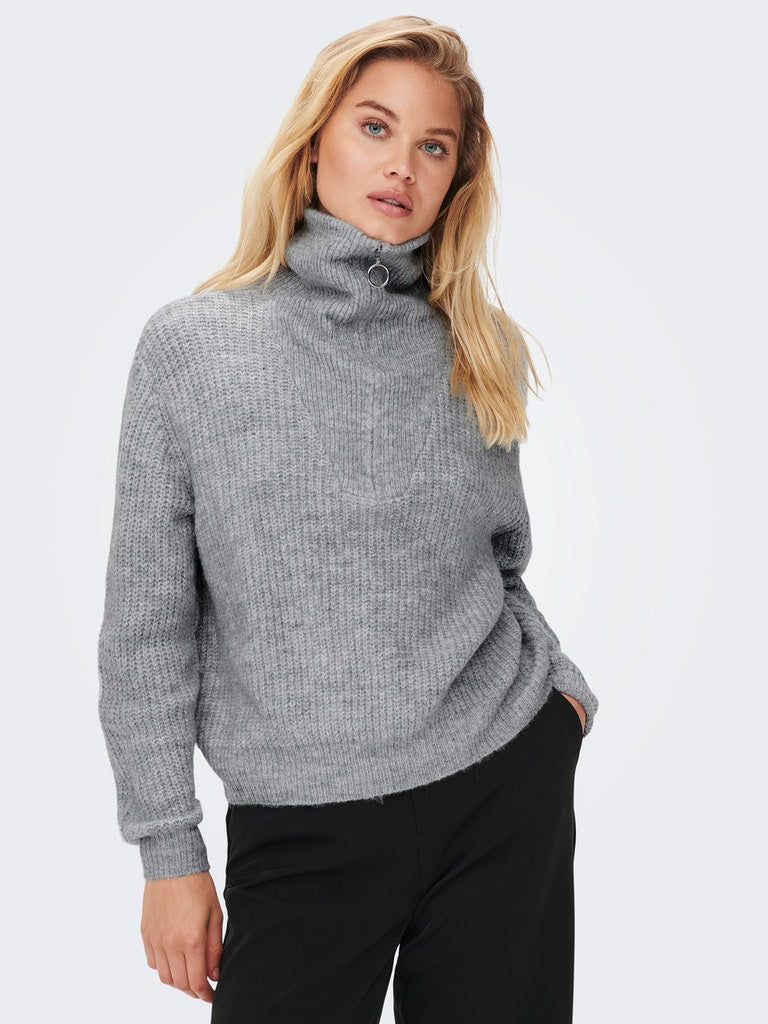 Ladies Baker Long Sleeve Zip Pullover Knit-Light Grey Melange-Front View