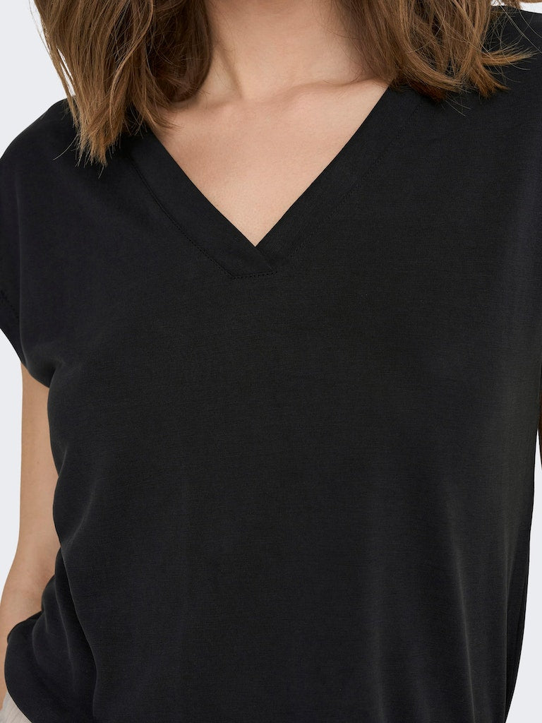 Ladies Free Life Short Sleeve V-Neck Top-Black-Close Up of Front View