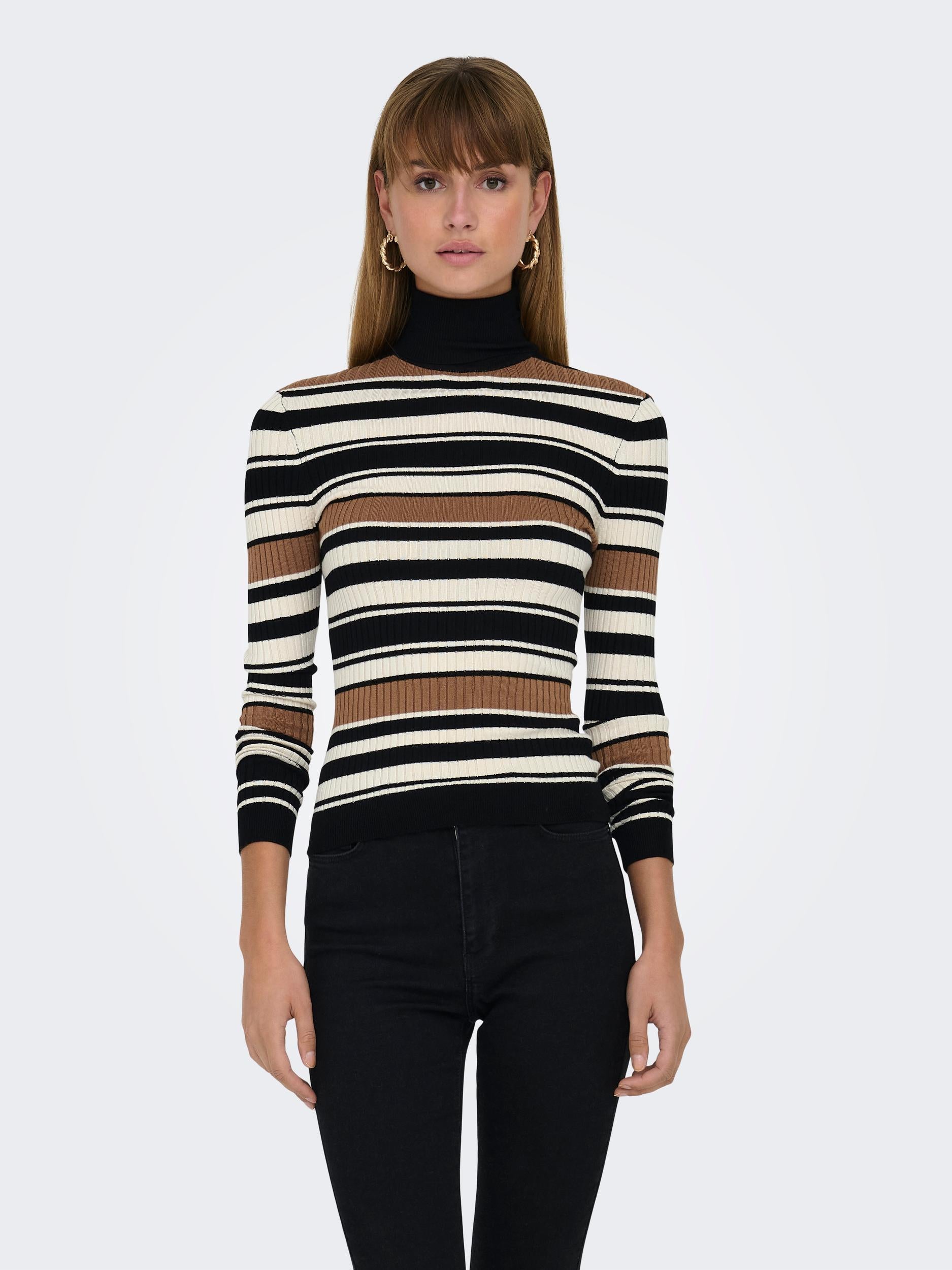 Ladies Karol Long Sleeve Rollneck Pullover Knit-Black-Model Front View
