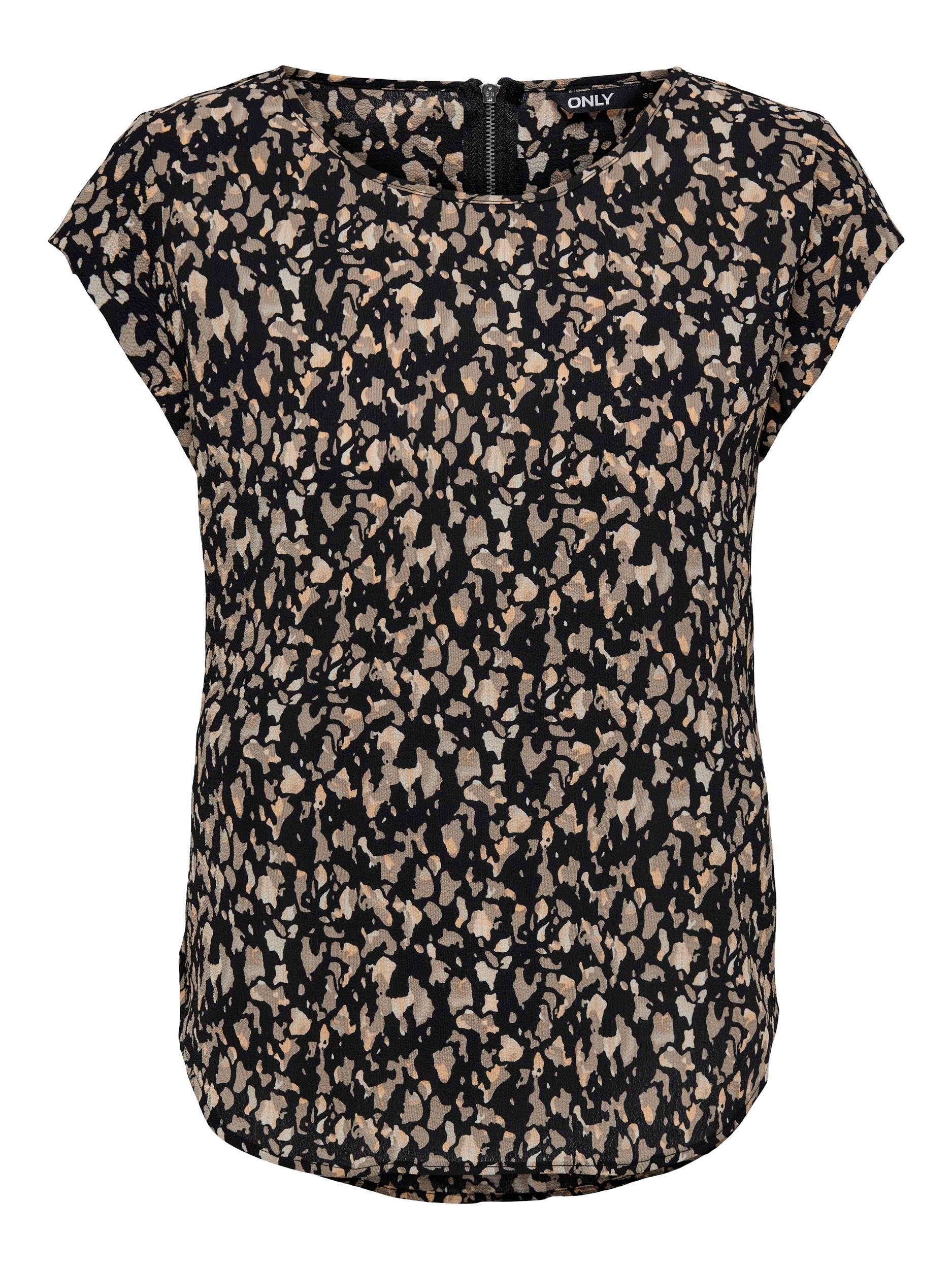 Ladies Vic Short Sleeve All Over Print Black Top-Ghost Front View