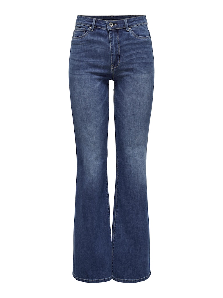 Ladies Rose High Waist Retro Flared Denim Jeans-Medium Blue Denim-Front View