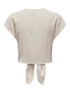 Back view of Siestra short sleeve knot top in Moonbeam