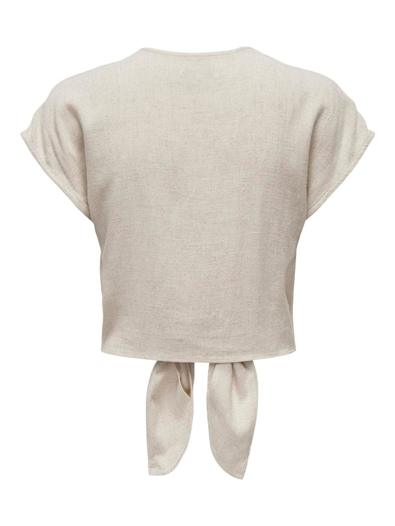 Back view of Siestra short sleeve knot top in Moonbeam